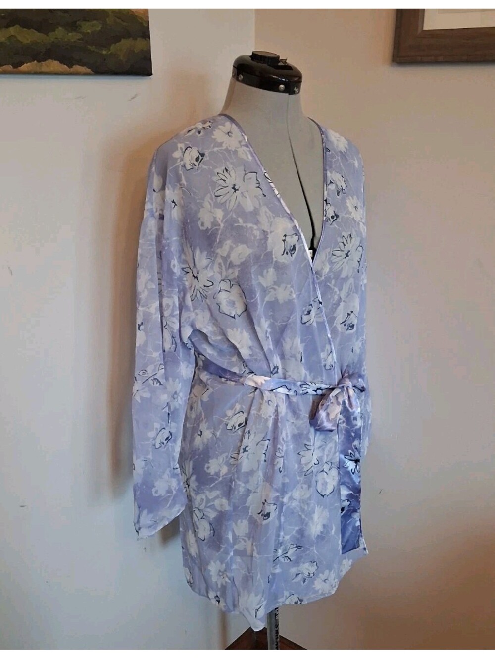 Fredericks Of Hollywood Blue Floral Chiffon Robe Size M Cross Body Wrap W Belt
